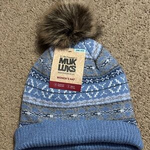 Muk Luks Blue Patterned Knit Pom Beanie with Faux Fur Pom